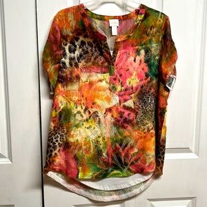 Chico’s Bright Multi Color Print Strap Short Sleeve Layered Top Size 1 / M